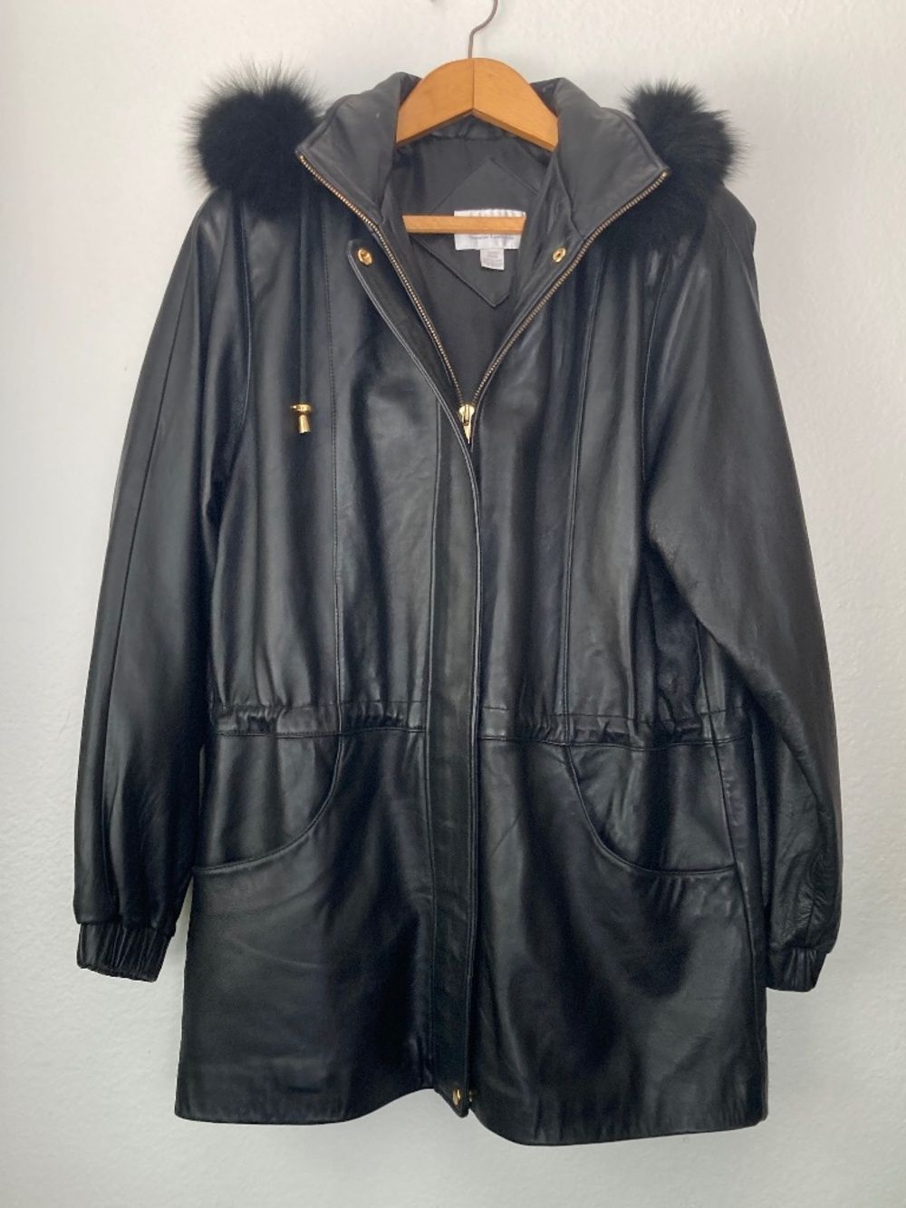 Worthington Black Lambskin Leather Jacket Fox Fur Trim Hood sz Large